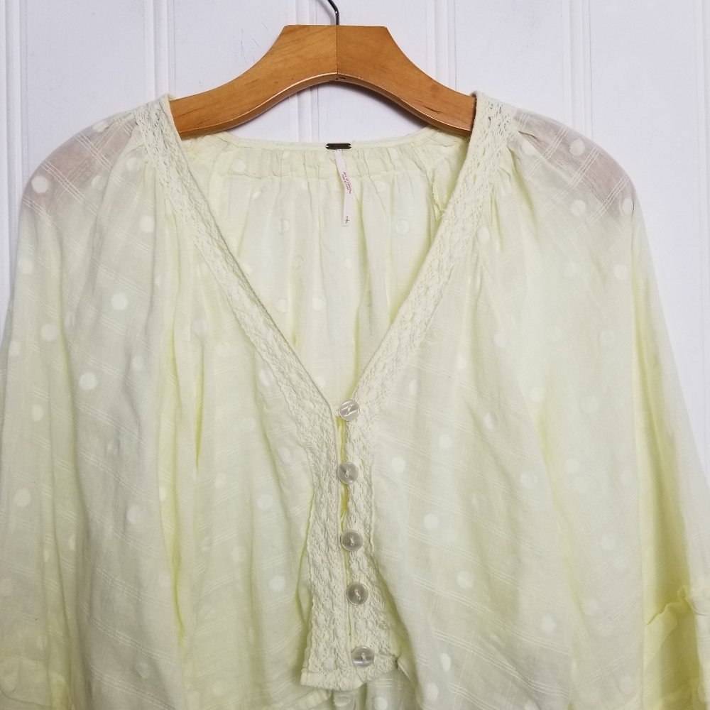 Free People Ballon Sleeve Crop Top Womens Yellow Button V Neck Longsleeve - Picture 4 of 15